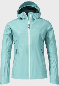 Light blue waterproof jacket with a fitted hood, zippered front, and two side pockets. Features textured fabric and contrasting zipper.