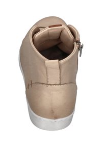Beige ankle boot with a smooth fabric upper, rounded toe, white rubber sole, and heel pull tab. Features a side zipper for easy wear.