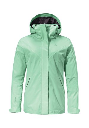 Mint green waterproof jacket with a hood, featuring a front zipper, side pockets, and a sleek, modern design with logo accents.