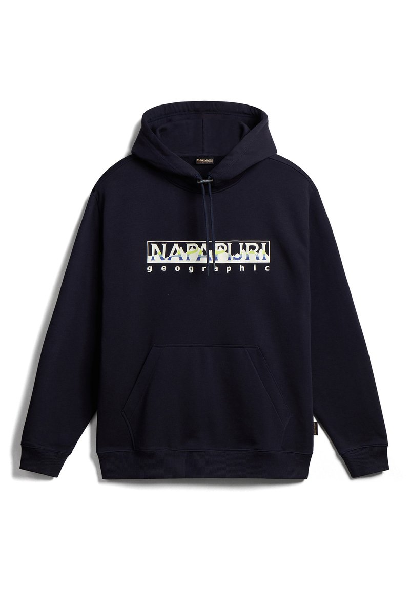 Marineblauwe hoodie van zachte stof met een voorste kangoeroezak en een kap met trekkoord. "NAPAPIJRI geographic" logo in meerkleurige tekst.