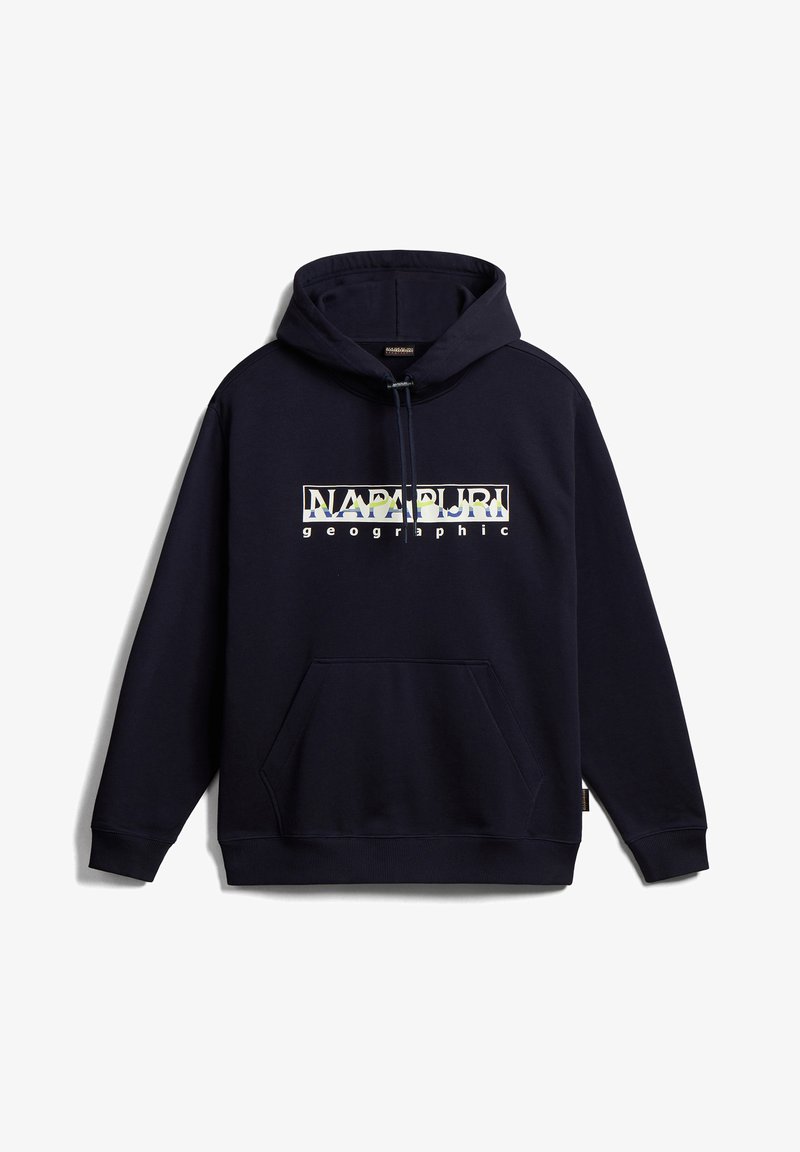 Marineblauwe hoodie van zachte stof met een voorste kangoeroezak en een kap met trekkoord. "NAPAPIJRI geographic" logo in meerkleurige tekst.