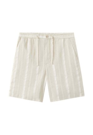 Short beige et blanc à rayures verticales, taille à cordon, fermeture par bouton et poches latérales.