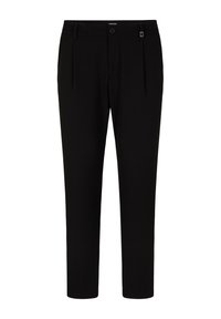 Czarne spodnie w kant z pętelkami na pasek, z przodu z guzikiem i zamkiem błyskawicznym, subtelną teksturą oraz małą metką z tkaniny przy pasku.