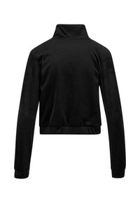 Svarte fløyelsjakke med høy krage, lange ermer og elastiske mansjetter. Glatt tekstur og kort design uten synlige lukkinger.