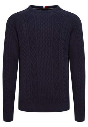 Pulover tricotat de culoare albastru marin cu un model texturat de cablu, guler rotund și manșete și tiv ribotat. Fabricat dintr-un material moale și durabil.