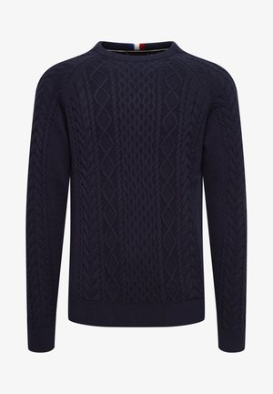 Tumed sinine kootud sviiter tekstuuri kandilise mustriga, ümmarguse kaelusega ja soonikkoes mansettide ja hemiga. Valmistatud pehmest, vastupidavast materjalist.