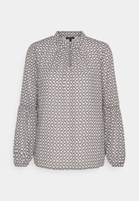 Blouse à manches longues en tissu léger ; possède une patte de boutonnage et un imprimé circulaire en couleurs monochromes ; fronces aux épaules et aux poignets.