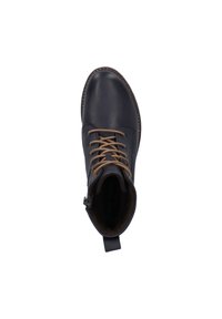 Bottines en cuir noir pour homme avec lacets marron, bout arrondi, fermeture éclair latérale et tirette à l'arrière, présentées en vue de dessus.