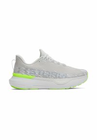 Light gray athletic shoes with a textured upper, neon green accents, and a cushioned sole. Features a smooth design with a reflective pattern.