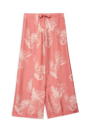 Pantalon rose à jambes larges avec de grands imprimés floraux clairs et une ceinture à nouer en tissu à la taille.