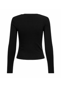 Top nero a maniche lunghe realizzato in tessuto morbido, con scollatura rotonda e silhouette aderente con cuciture pulite. Senza hardware visibile o fantasie.