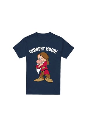 Navy blue t-shirt featuring a cartoon dwarf with a beard, hands on hips, and the text "CURRENT MOOD!" in white above him.