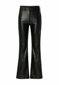Zwarte flarebroek van faux leather, met een hoge taille, zichtbare stiksels en een gladde, glanzende afwerking.