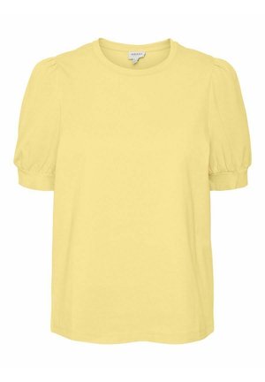 Geel blouse met korte mouwen, opgeblazen mouwen en een ronde hals, gemaakt van zachte stof met een klein merkje aan de binnenkant aan de achterkant.