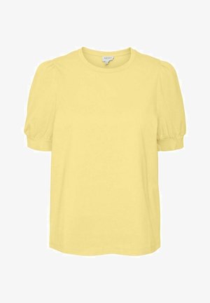 Blouse jaune à manches courtes bouffantes et col rond, confectionnée en tissu doux avec une petite étiquette de marque à l'intérieur du dos.