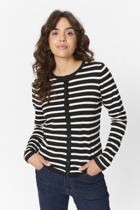Cardigan rayé noir et blanc à manches longues et col rond, avec une fermeture à boutons et des poignets côtelés.