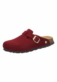 Rote Filz-Clogs zum Hineinschlüpfen mit verstellbarem Riemen, Korkfußbett und schwarzer Gummisohle, schräg dargestellt, um die Seiten- und Oberdetails zu zeigen.