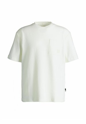 T-shirt blanc uni à manches courtes avec texture, poche poitrine et encolure ronde, présenté sur un fond blanc.