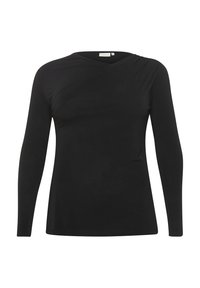 Haut noir à manches longues avec encolure en V et design drapé sur la poitrine, fabriqué à partir d'un matériau doux et extensible.