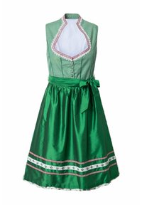 Vestido dirndl tradicional que presenta una falda de satén verde, un corpiño a cuadros, un escote con encaje y un dobladillo decorativo con cinta.