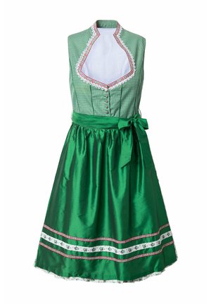 Abito tradizionale dirndl con gonna in satin verde, corpino a quadri, scollatura rifinita in pizzo e orlo decorativo con nastro.
