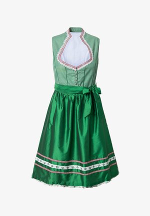 Abito tradizionale dirndl con gonna in satin verde, corpino a quadri, scollatura rifinita in pizzo e orlo decorativo con nastro.