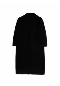 Lange zwarte jas van gestructureerde stof, met een kraag, driekwartmouwen en een rechte snit, met een minimalistisch ontwerp.