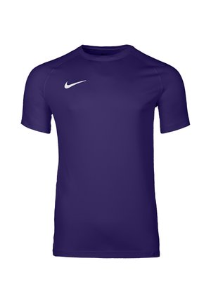 Lila kurzärmliges Sport-T-Shirt mit Rundhalsausschnitt und weißem Nike-Swoosh-Logo auf der rechten Brust.