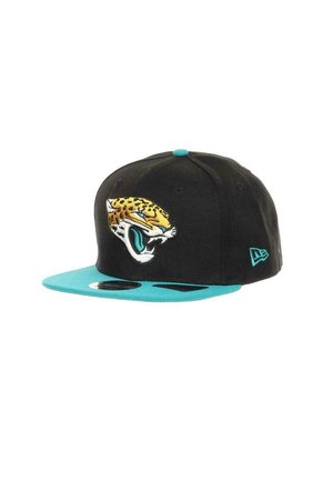 Black baseball cap with a turquoise visor, featuring an embroidered yellow and black jaguar logo on the front and an accent on the side.