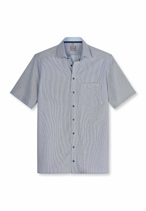 Chemise bleu clair à manches courtes avec boutons, poche poitrine et fines rayures verticales, avec un col intérieur à motif.