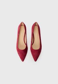 Red suede high heels with a pointed toe and cut-out sides, featuring a smooth texture and minimalist design.