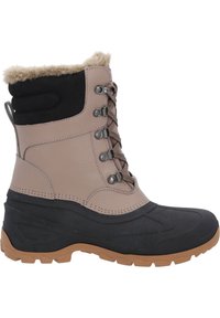 Mid-calf winter boot featuring a beige upper with faux fur collar, black rubber lower, six metal eyelets, and a textured tan outsole.