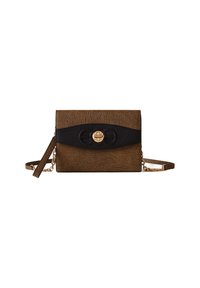 Pochette rectangulaire texturée marron avec accent noir et fermoir circulaire doré, dotée d'une bandoulière amovible avec des maillons en chaîne dorés.