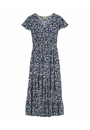 Granatowa sukienka midi w biały kwiatowy wzór, z krótkimi rękawami, dekoltem w serek i marszczonym detalem w talii.