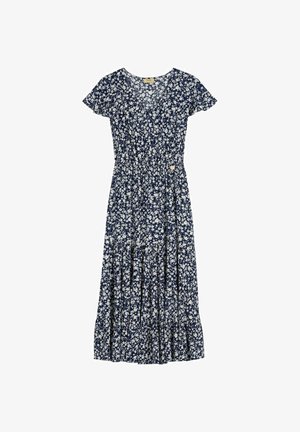 Granatowa sukienka midi w biały kwiatowy wzór, z krótkimi rękawami, dekoltem w serek i marszczonym detalem w talii.