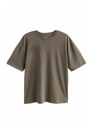 T-shirt en coton vert olive avec manches courtes, encolure ronde et coupe ample. Texture lisse, design simple sans motifs ni ornements.