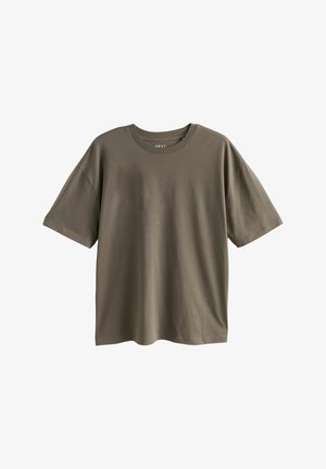 T-shirt en coton vert olive avec manches courtes, encolure ronde et coupe ample. Texture lisse, design simple sans motifs ni ornements.