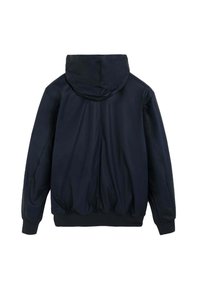 Veste à capuche bleu marine avec des manches longues, des poignets élastiques et un ourlet froncé, vue de dos sur fond blanc.