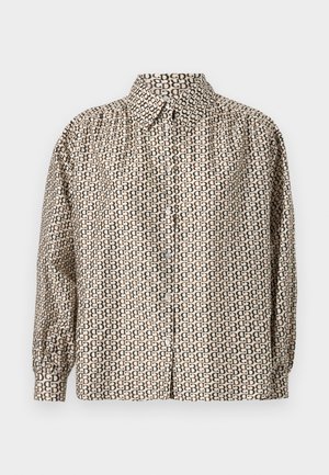 Button-up shirt in a beige and brown repeating pattern. Features a collar, long sleeves with gathered cuffs, and a relaxed fit.