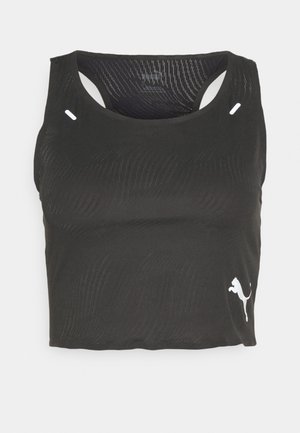 Black athletic crop top with a textured design, scoop neckline, and racerback. Features a small white logo on the lower front left.