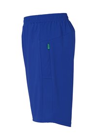 Blauwe sportshorts van lichtgewicht stof. Voorzien van een elastische tailleband, zijzak en een subtiel textuurpatroon aan de zijkant.