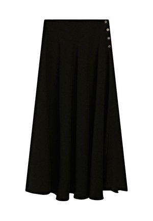 Jupe noire en A avec un design fluide, dotée de cinq accents de boutons métalliques le long de la taille et d'une texture lisse et douce.