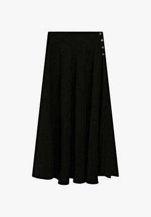 Zwarte A-lijn rok met een vloeiende ontwerp, met vijf metallic knopen als accenten langs de tailleband en een gladde, zachte textuur.