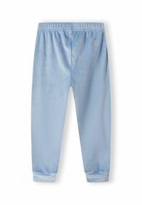 Pantaloni de trening de culoare albastru deschis, dintr-un material moale, având un talie elastică și tivuri strânse. Textură netedă, fără tipare vizibile.