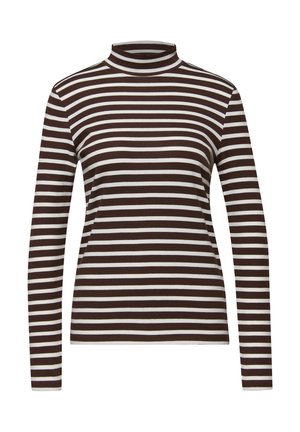 Langærmet rullekravetrøje med horisontale brune og hvide striber, tætsiddende snit, høj hals og ribbet tekstur.