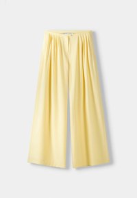 Yellow wide-leg trousers with pleats, featuring a smooth, lightweight fabric and a fitted waistband, displayed against a plain background.