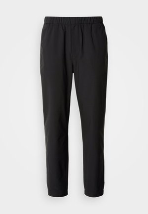 Schwarze, leichte Hose mit elastischem Taillenbund, geradem Bein und ohne sichtbare Muster. Glatte Textur, geeignet für die lässige Freizeit.