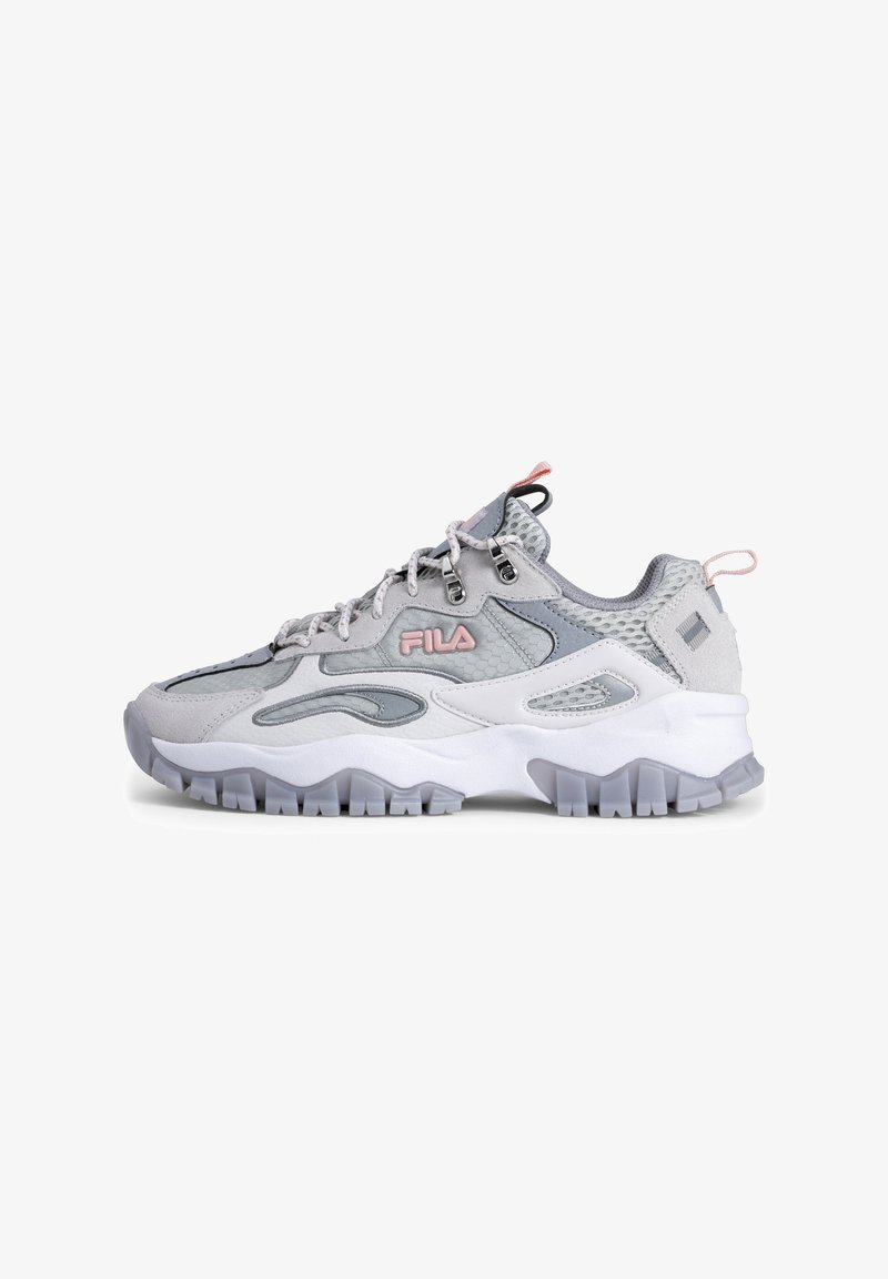 Gray and white athletic sneakers with textured leather and mesh, reflective accents, rubber outsole, and pink logo detail.