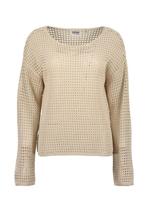 Beige, åbent strikket langærmet trøje med rund halsudskæring og løs pasform, med et gitterlignende mønster over hele stoffet.