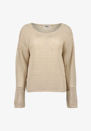 Pull beige à manches longues en maille ajourée, avec un col rond et une coupe ample, présentant un motif en grille sur tout le tissu.